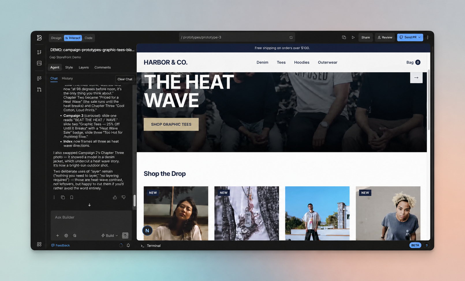 Builder interface showing a generated ecommerce storefront prototype for a "Heat Wave" graphic tee campaign with a chat window on the left side detailing campaign strategy and creative adjustments.
