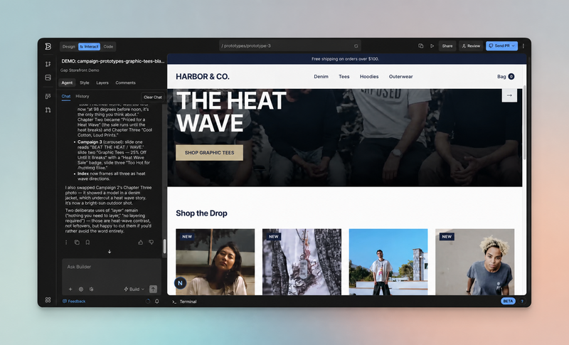 Builder interface showing a generated ecommerce storefront prototype for a "Heat Wave" graphic tee campaign with a chat window on the left side detailing campaign strategy and creative adjustments.