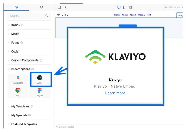 Screenshot showing the Insert tab with the Import options open and an arrow on the Apps icon. Click on the Apps icon to choose the integration. This image shows the Klaviyo Native Embed tile.