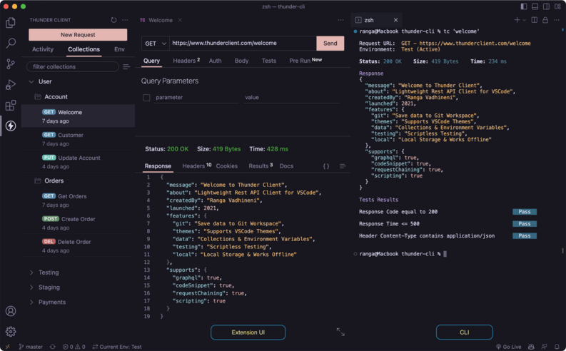 A VS Code window showing the Thunder Client extension with a REST API request and response panel side by side, displaying headers, parameters, and JSON output.