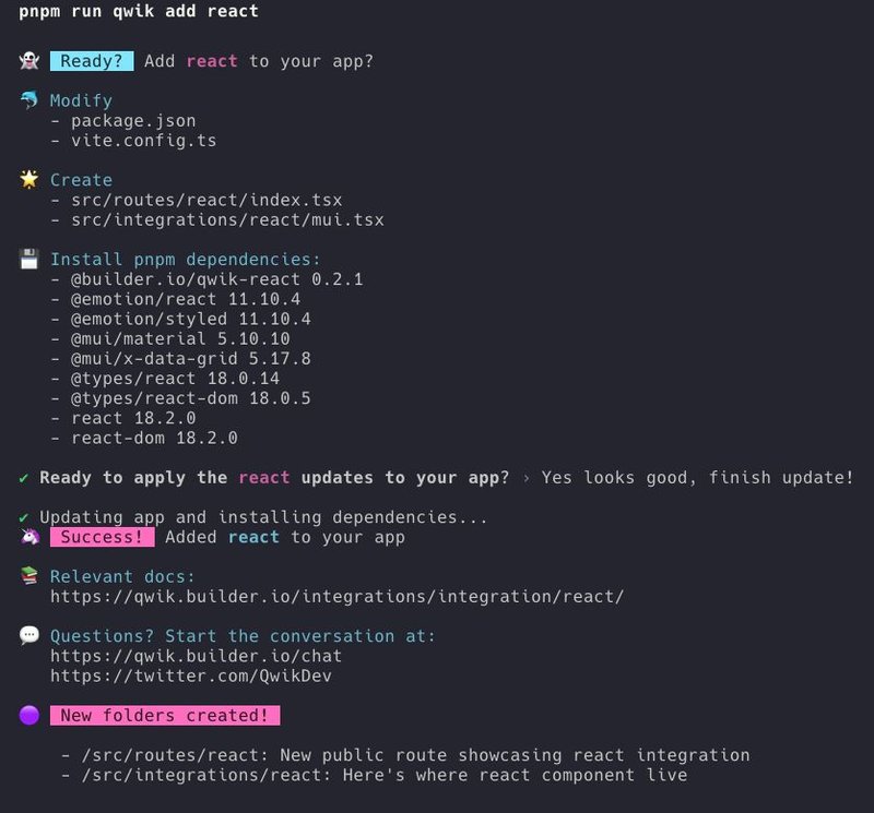 a screenshot showing the CLI output of running pnpm run qwik add react.