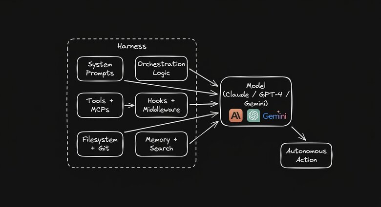 Harness components — System Prompts, Tools + MCPs, Filesystem + Git, Orchestration Logic, Hooks + Middleware, and Memory + Search — all feeding into the Model, which drives Autonomous Action