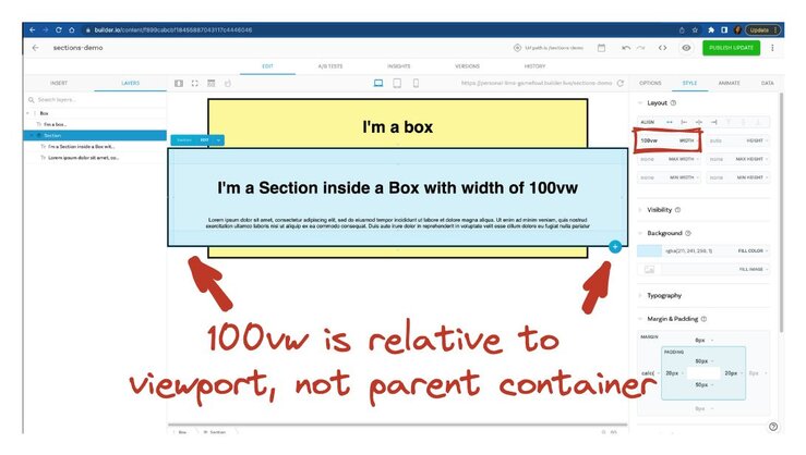 Screenshot of a Section at 100vw inside a Box block on a live page. The section reaches all the way to the browser side edges but the Box is constrained and does not reach the edges.
