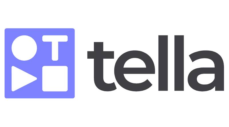 Tella logo featuring a purple square containing a white circle, triangle, and square icon to the left of the word "tella" in a dark gray, sans-serif font.