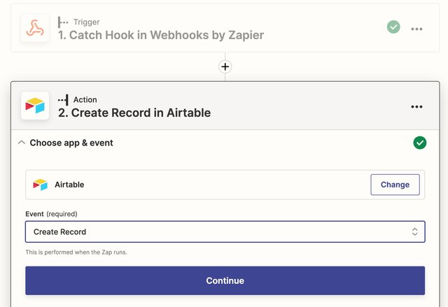 Screenshot of Set Up Action section of Zapier showing Airtable with the event of Create Record selected.