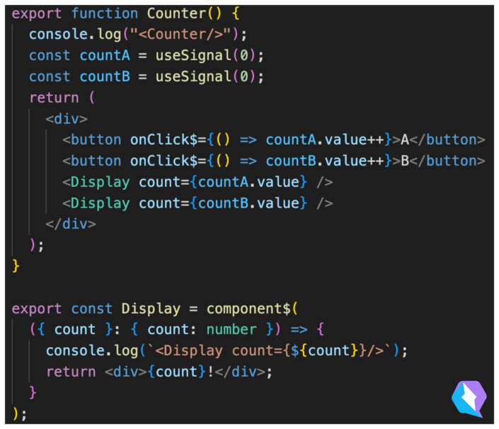 Screenshot of a code example of a counter component with a child Display component in Qwik.