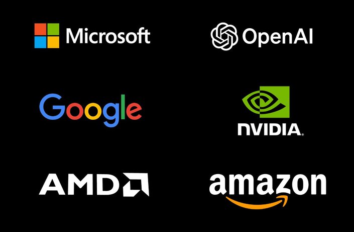 logos of Microsoft, OpenAI, Google, Nvidia, AMD, and Amazon