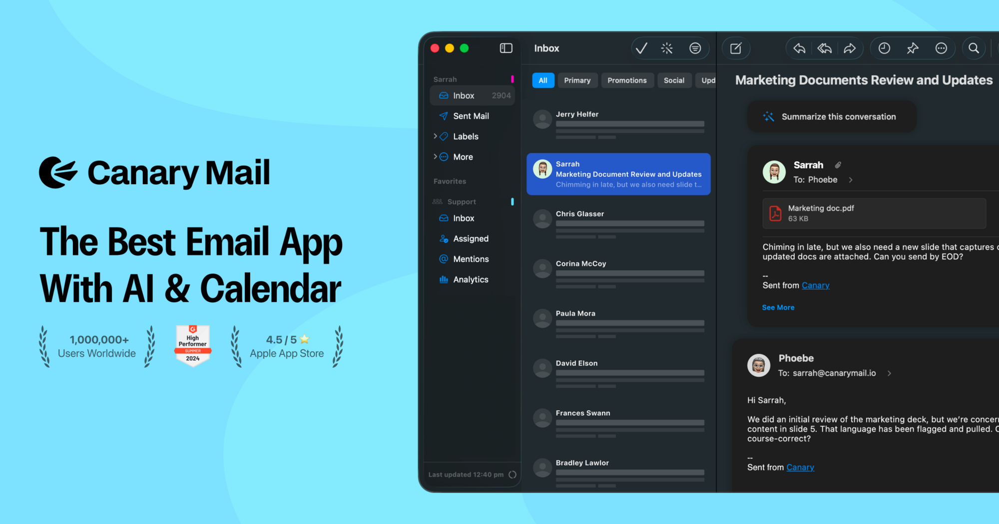Canary Mail inbox with AI features