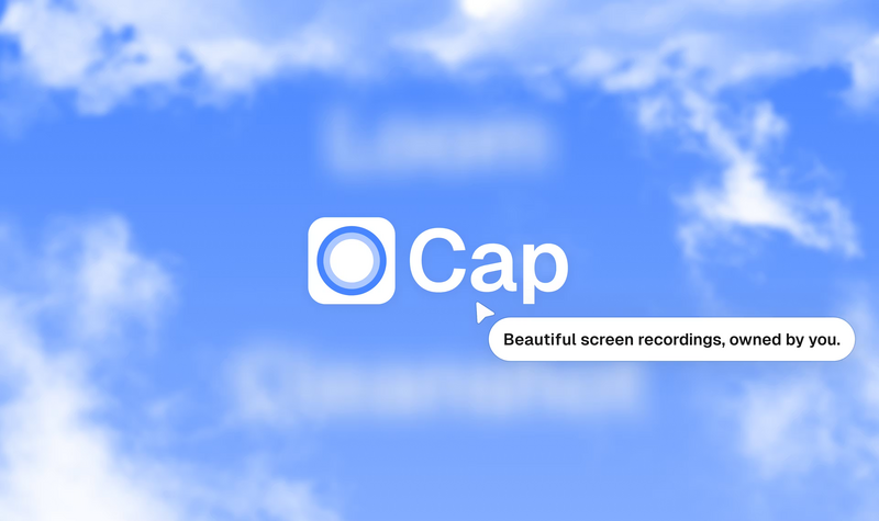 Cap logo featuring a blue circular icon next to the word Cap, with a speech bubble underneath stating, "Beautiful screen recordings, owned by you.