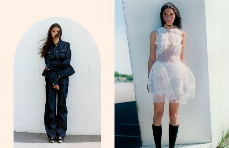 1 woman in a denim outfit and another woman in a white dress with black boots