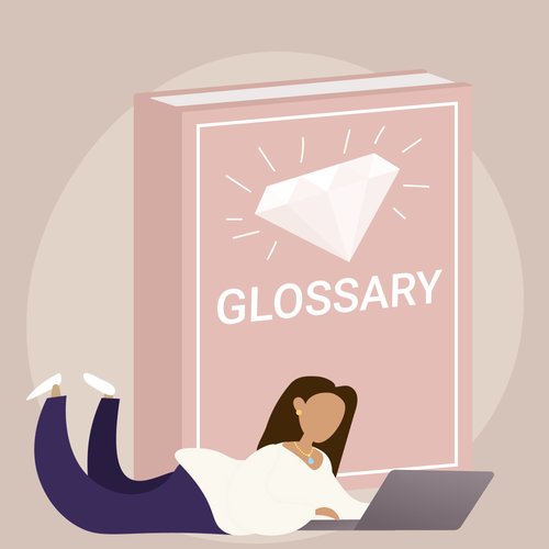 Illustration of a woman reading diamond glossary terms