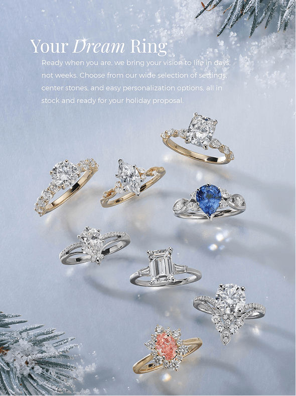 Diamond engagement rings surrounded by snow