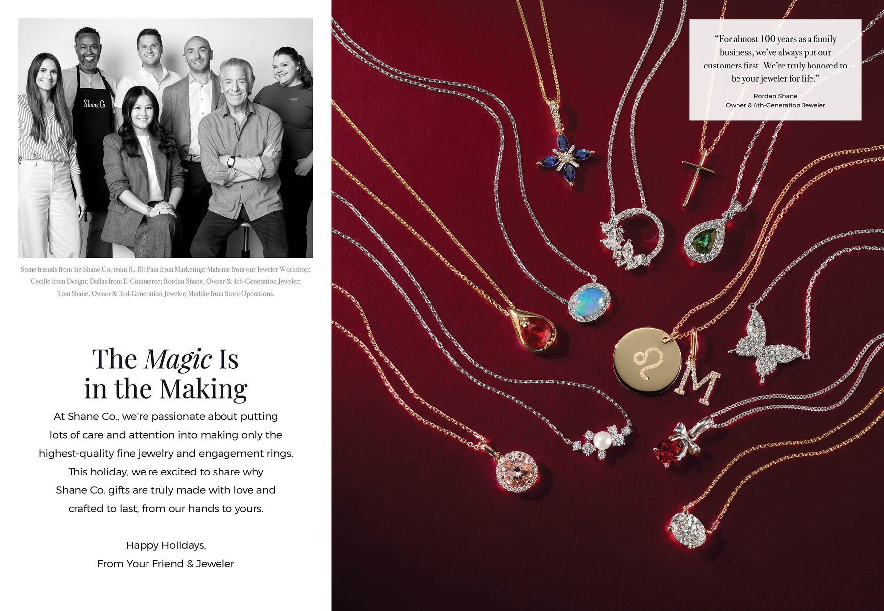 A photo of Shane Co. team members and a collection of festive holiday jewelry