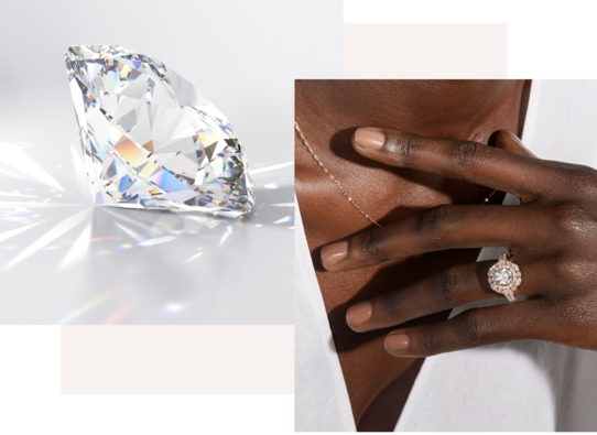 Images of a loose lab-grown diamond and a woman wearing a diamond engagement ring
