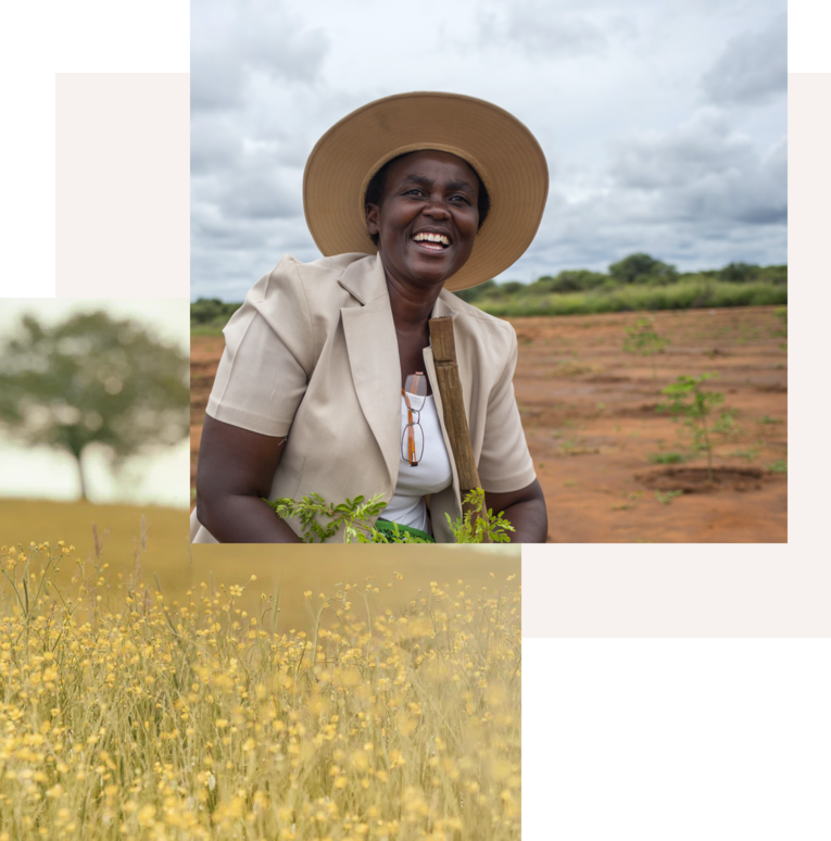 A woman smiling and a field of grass