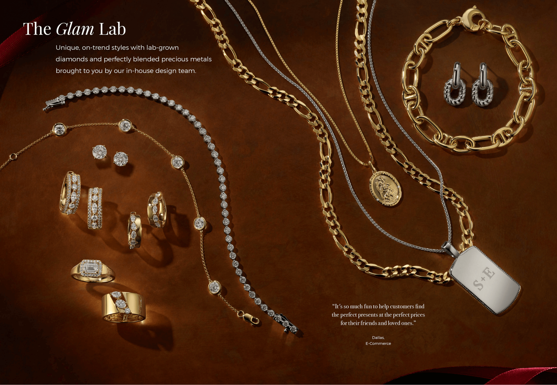 A collection of lab-grown diamond and gold fashion jewelry on a red background