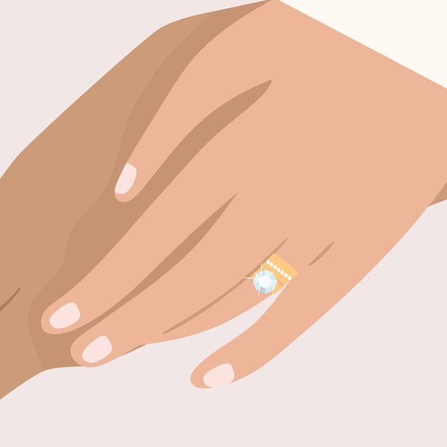 An illustration of a hand wearing a diamond wedding band