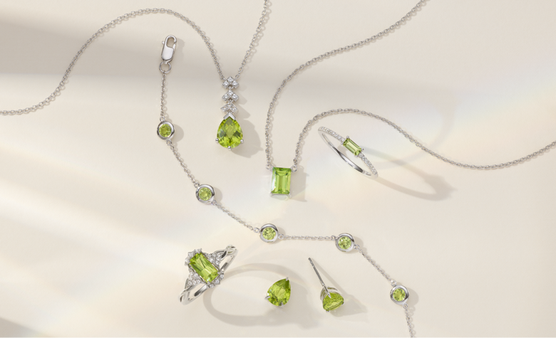 A collection of peridot jewelry