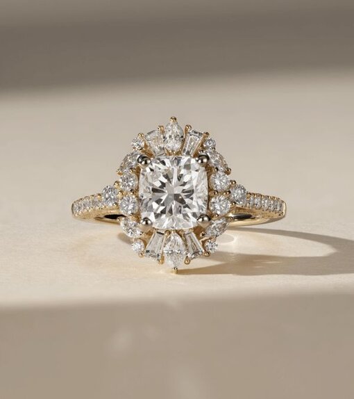 A diamond halo engagement ring