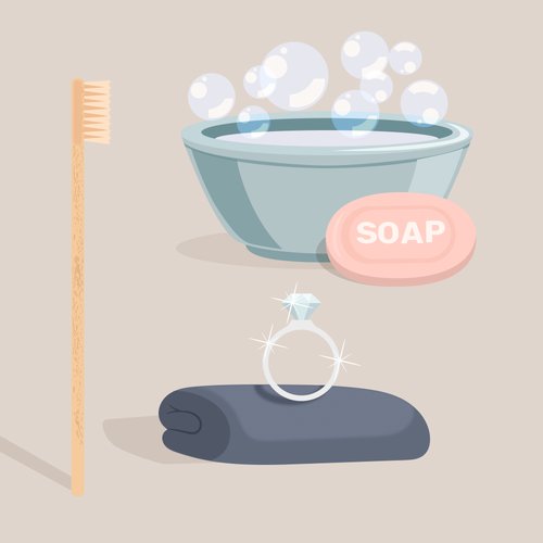 Illustration of an engagement ring with a bowl of soap and water