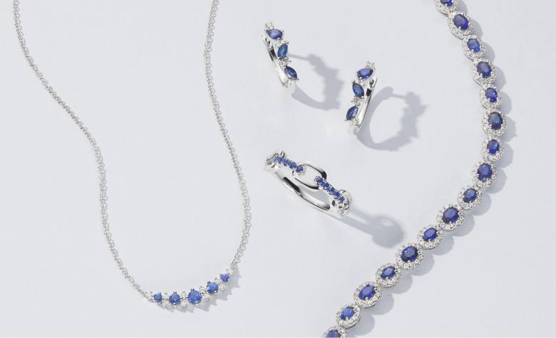 A collection of blue sapphire jewelry