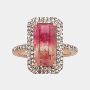 A rose tourmaline and diamond double halo ring