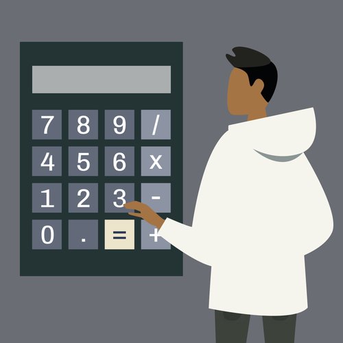 Illustration of a man standing in front of a giant calculator
