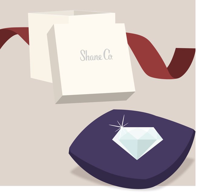 Illustration of a jewelry box and a diamond on a pillow