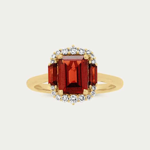 Image of Garnet Halo Engagement Ring with Three Garnet Stones