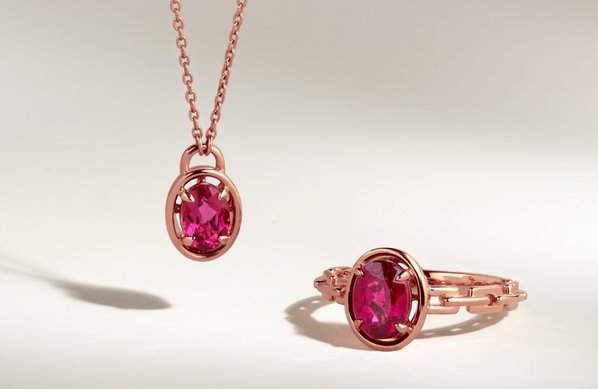 A matching set of cherry pink tourmaline jewelry
