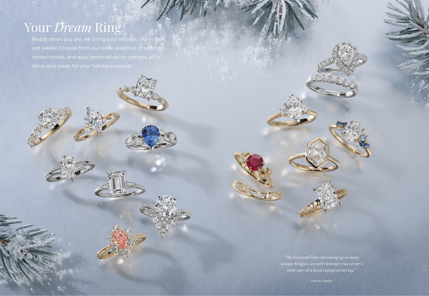 Diamond engagement rings surrounded by snow