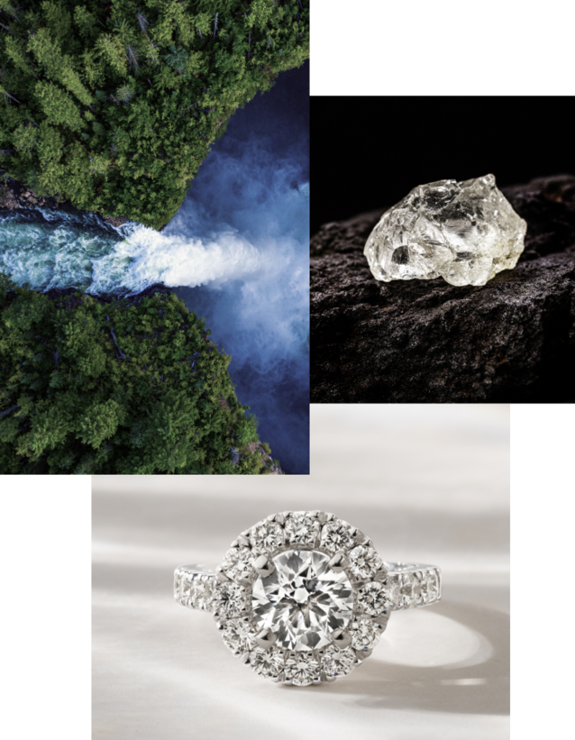 Mobile images of a diamond engagement ring, a raw diamond and a waterfall