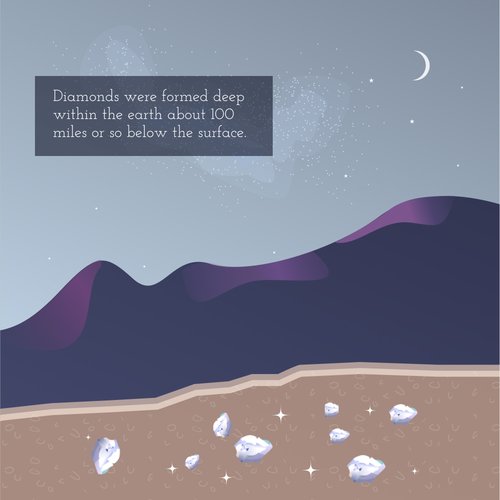 Illustration of a nature scene with raw diamonds in the ground