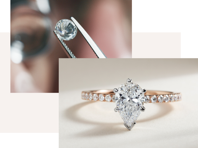 Images of a loose lab-grown diamond and a diamond engagement ring
