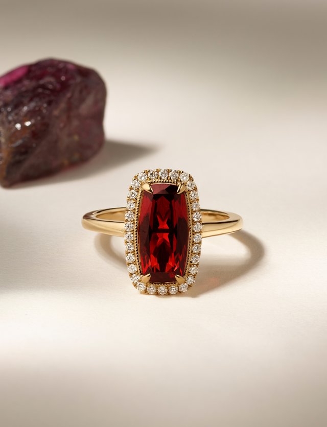 A garnet and diamond fashion ring with a raw garnet stone in the background