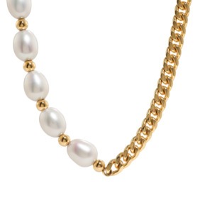 A yellow gold and pearl accented necklace