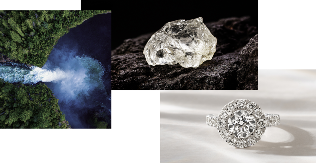 Images of a diamond engagement ring, a raw diamond and a waterfall