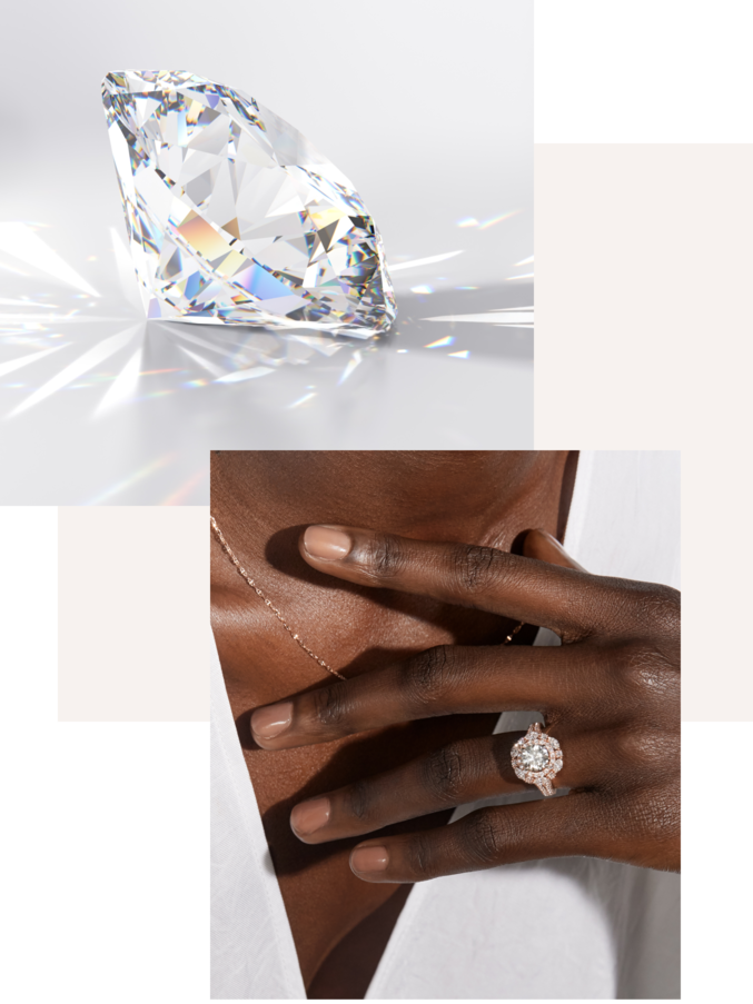 Images of a loose lab-grown diamond and a woman wearing a diamond engagement ring