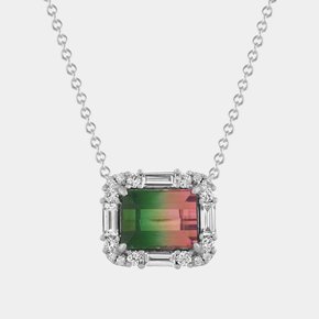 A watermelon tourmaline diamond halo necklace