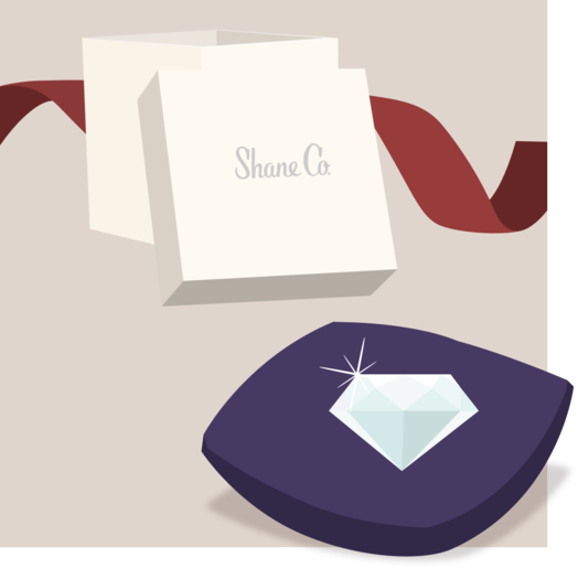 Illustration of a jewelry box and a diamond on a pillow
