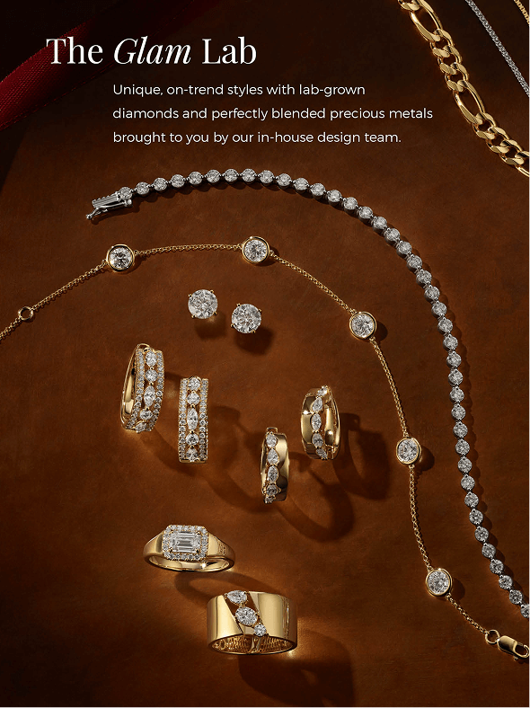 A collection of lab-grown diamond fashion jewelry on a red background