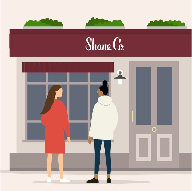 An illustration of a couple standing outside of a Shane Co store