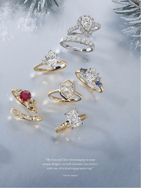A collection of different styles of engagement rings surrounded by snow