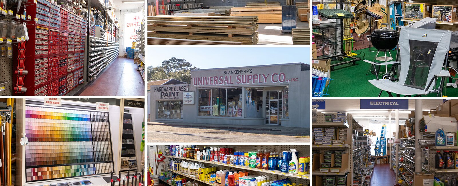 A college of images takes at Blankenship's Universal Supply showing their exterior, aisles, and products. 