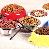 A variety of pet food available in different color bowls. 
