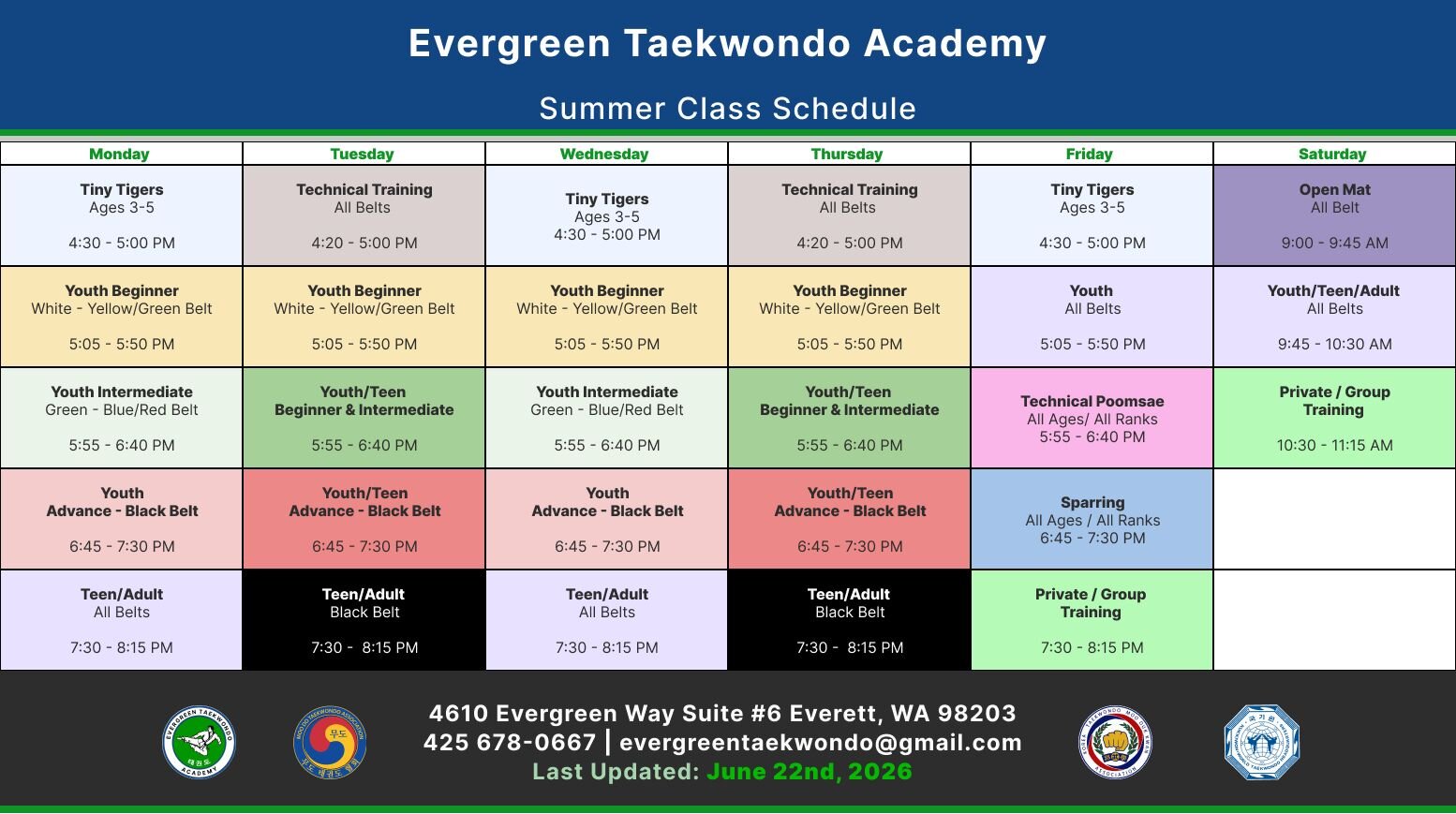 Evergreen Taekwondo Academy Summer Class Schedule.

Monday: Tiny Tigers, ages 3–5, 4:30–5:00 PM. Youth Beginner, white–yellow/green belt, 5:05–5:50 PM. Youth Intermediate, green–blue/red belt, 5:55–6:40 PM. Youth Advance–Black Belt, 6:45–7:30 PM. Teen/Adult All Belts, 7:30–8:15 PM.

Tuesday: Technical Training, all belts, 4:20–5:00 PM. Youth Beginner, white–yellow/green belt, 5:05–5:50 PM. Youth/Teen Beginner & Intermediate, 5:55–6:40 PM. Youth/Teen Advance–Black Belt, 6:45–7:30 PM. Teen/Adult Black Belt, 7:30–8:15 PM.

Wednesday: Tiny Tigers, ages 3–5, 4:30–5:00 PM. Youth Beginner, white–yellow/green belt, 5:05–5:50 PM. Youth Intermediate, green–blue/red belt, 5:55–6:40 PM. Youth Advance–Black Belt, 6:45–7:30 PM. Teen/Adult All Belts, 7:30–8:15 PM.

Thursday: Technical Training, all belts, 4:20–5:00 PM. Youth Beginner, white–yellow/green belt, 5:05–5:50 PM. Youth/Teen Beginner & Intermediate, 5:55–6:40 PM. Youth/Teen Advance–Black Belt, 6:45–7:30 PM. Teen/Adult Black Belt, 7:30–8:15 PM.

Friday: Tiny Tigers, ages 3–5, 4:30–5:00 PM. Youth All Belts, 5:05–5:50 PM. Technical Poomsae, all ages and ranks, 5:55–6:40 PM. Sparring, all ages and ranks, 6:45–7:30 PM. Private/Group Training, 7:30–8:15 PM.

Saturday: Open Mat, all belts, 9:00–9:45 AM. Youth/Teen/Adult All Belts, 9:45–10:30 AM. Private/Group Training, 10:30–11:15 AM.

Evergreen Taekwondo Academy is located at 4610 Evergreen Way, Suite 6, Everett, WA 98203. Contact: 425-678-0667 or evergreentaekwondo@gmail.com. Last updated June 22, 2026.