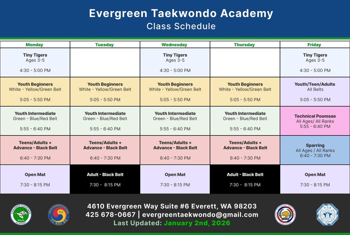 Evergreen Taekwondo Academy class schedule.

Mondays, Wednesdays:
Tiny Tigers ages 3 to 5, 4:30 to 5:00 PM.
Youth Beginners, white to yellow/green belt, 5:05 to 5:50 PM.
Youth Intermediate, green to blue/red belt, 5:55 to 6:40 PM.
Teens and Adults advanced to black belt, 6:40 to 7:30 PM.
Open Mat, 7:30 to 8:15 PM.

Tuesdays, Thursdays:
Youth Beginners, white to yellow/green belt, 5:05 to 5:50 PM.
Youth Intermediate, green to blue/red belt, 5:55 to 6:40 PM.
Teens and Adults advanced to black belt, 6:40 to 7:30 PM.
Adult black belt class, 7:30 to 8:15 PM.

Fridays:
Tiny Tigers ages 3 to 5, 4:30 to 5:00 PM.
Youth, Teen, and Adult all belts class, 5:05 to 5:50 PM.
Technical Poomsae for all ages and ranks, 5:55 to 6:40 PM.
Sparring for all ages and ranks, 6:40 to 7:30 PM.
Open Mat, 7:30 to 8:15 PM.”