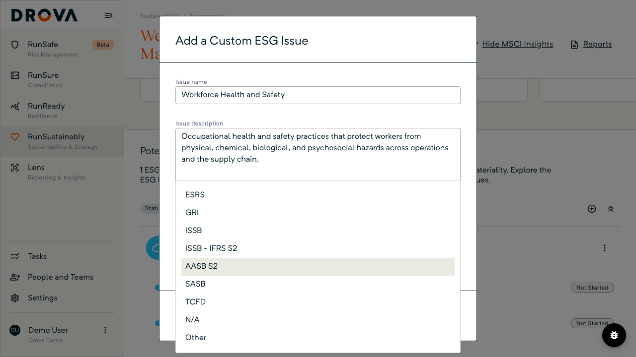 The custom issue dialog shows the Framework list open with AASB S2 highlighted.