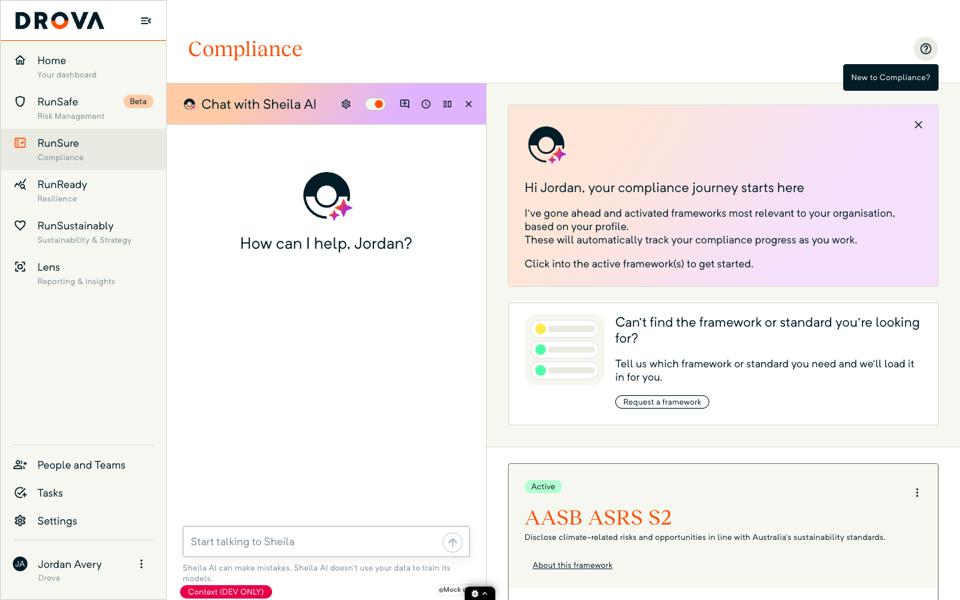 The RunSure Frameworks page with the AASB ASRS S2 framework card set to Active and its Manage compliance button showing.
