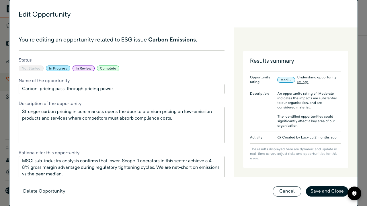 Edit Opportunity dialog with the four status chips, the filled name, description and rationale fields, and the Results summary card on the right